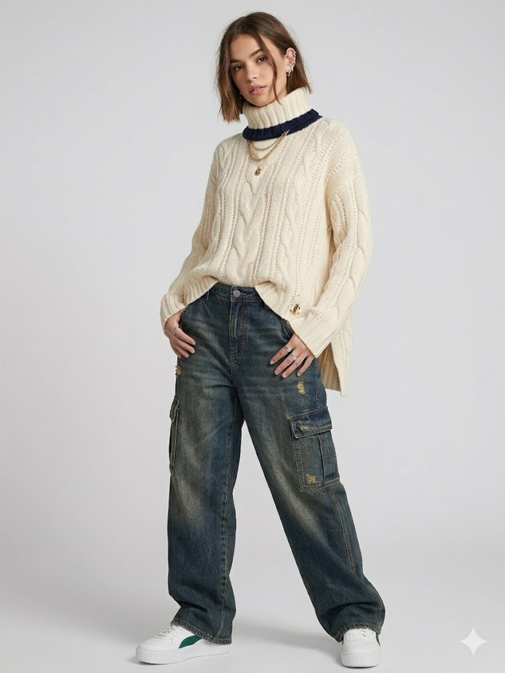 Juicy Couture Cream Cable Knit Turtleneck with Navy Trim